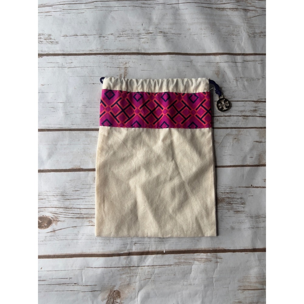 Tory Burch Dust Bag Cream Pink Purple Geometric Logo Drawstring Pouch 9x6.5